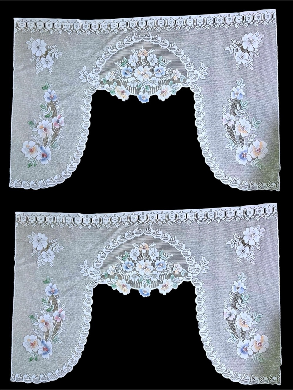 Vintage Floral Sheer Valance Pair in Pastel White and Soft Blue
